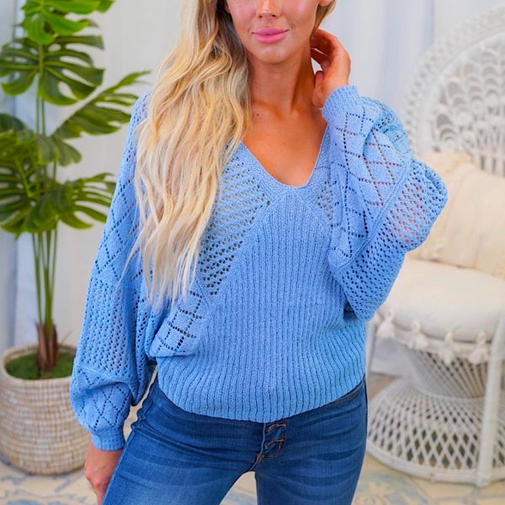 🆕💙THINKABLE: SKY BLUE Loose Knit Long Sleeve V-Neck Pullover SMALL